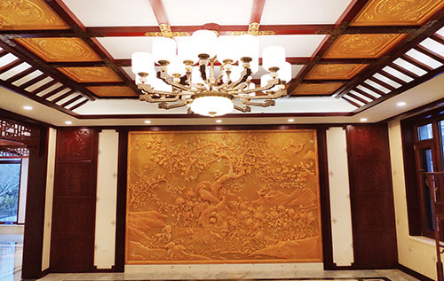 塘厦镇中式别墅客厅中式木作横梁吊顶装饰展示